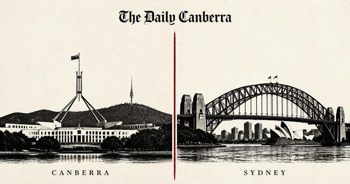 Editorial split illustration: Sheffield on the left and Sydney on the right